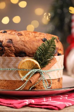 Baharatlı ve köknar dallı leziz bir Noel panettone pastası. Arka planda gri ışıklar ve yakın plan. Bokeh etkisi