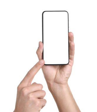 Man holding smartphone with blank screen on white background, closeup. Mockup for design
