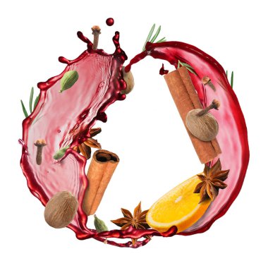 Beyaz arka planda şarap, baharat ve portakal dilimleri.