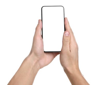 Man holding smartphone with blank screen on white background, closeup. Mockup for design