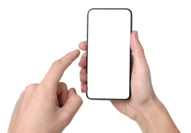 Man holding smartphone with blank screen on white background, closeup. Mockup for design