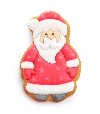 Noel Baba şeklinde zencefilli kurabiye, beyaz manzarada izole edilmiş. Noel hediyesi