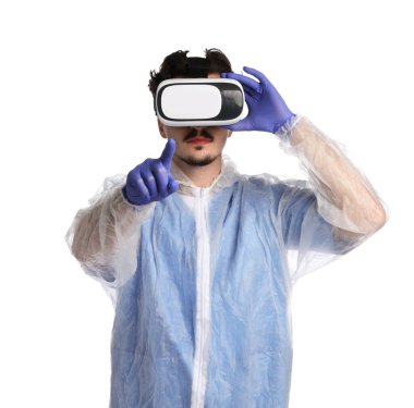 Modern technology. Doctor using virtual reality headset on white background
