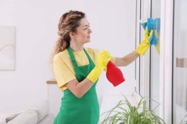 Camları paçavra ve deterjanla temizleyen kadın.
