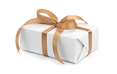 Beyaz kurdeleli bir hediye kutusu.