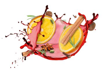 Beyaz arka planda şarap, baharat ve portakal dilimleri.