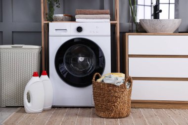 Modern çamaşır makinesi, deterjanlar, ev bitkisi ve iç çamaşırları.