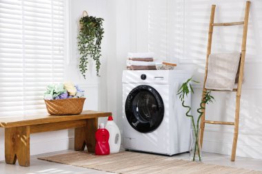 Modern çamaşır makinesi, deterjanlar, ev bitkileri ve iç çamaşırları.