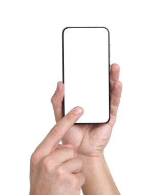 Man holding smartphone with blank screen on white background, closeup. Mockup for design