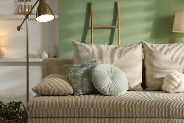 Rahat kanepe ve dekorlu oturma odası. İç tasarım