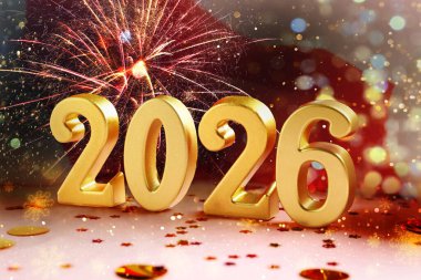 Mutlu Noeller ve mutlu yıllar 2026. Altın sayılı tebrik kartı, havai fişekler ve bokeh ışıkları.