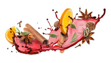 Beyaz arka planda şarap, baharat ve portakal dilimleri.