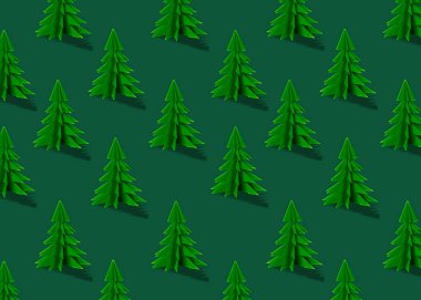 Noel ağacı desenli tasarım. Koyu yeşil arka planda tekrarlanan origami