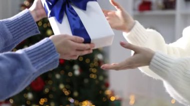 Mutlu Noeller ve mutlu yıllar. Kapalı mekandaki arkadaşına hediye kutusu veren bir kadın.