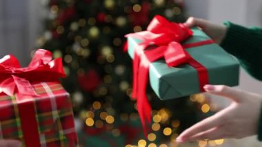 Mutlu Noeller ve mutlu yıllar. Kadınlar hediye kutularını içeride değiş tokuş edip, yakınlaşırlar.