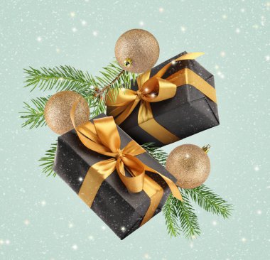 Hediye kutuları, şenlikli süsler ve pastel turkuaz arka planda havada uçuşan kar. Mutlu Noeller ve Mutlu Noeller kartı