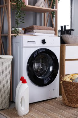 Modern çamaşır makinesi, deterjanlar, ev bitkisi ve iç çamaşırları.