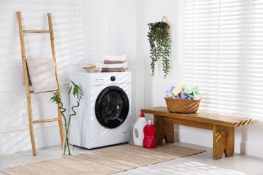 Modern çamaşır makinesi, deterjanlar, ev bitkileri ve iç çamaşırları.