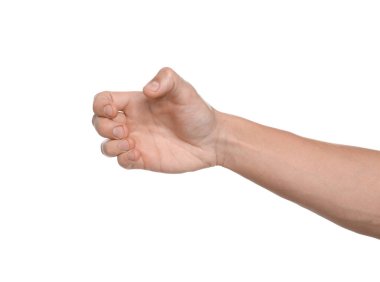 Beyaz arka planda bir şey tutan adam, yakın plan.