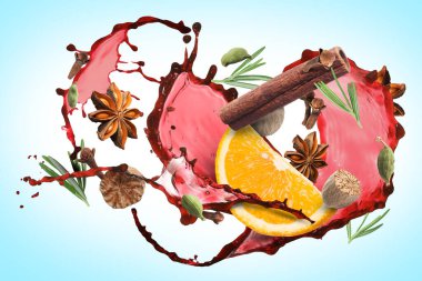 Açık mavi arka planda şarap, baharat ve portakal dilimleri.