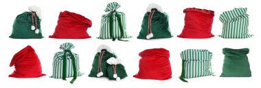 Noel Baba çantası. Beyaz, koleksiyonda izole edilmiş farklı çuvallar