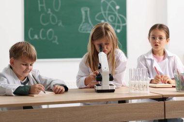 Mikroskobu olan bir grup çocuk sınıfta masa başında çalışıyor. Küçük bilim adamları