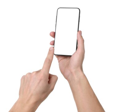 Man holding smartphone with blank screen on white background, closeup. Mockup for design