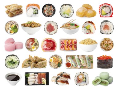 Beyazlar üzerinde izole edilmiş Asya yemekleri.