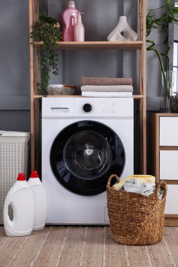 Modern çamaşır makinesi, deterjanlar, ev bitkileri ve iç çamaşırları.
