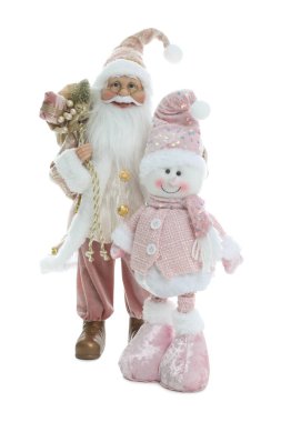 Noel Baba ve Kardan Adam 'ın şirin figürleri beyazda izole edilmiş. Mutlu Noeller ve mutlu yıllar.