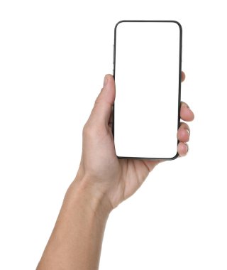 Man holding smartphone with blank screen on white background, closeup. Mockup for design