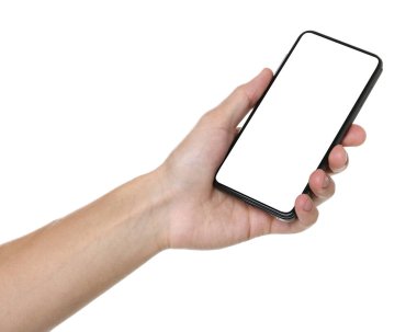 Man holding smartphone with blank screen on white background, closeup. Mockup for design