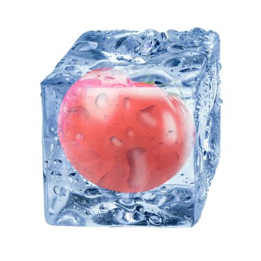 Whole red tomato in ice cube inside isolated on white