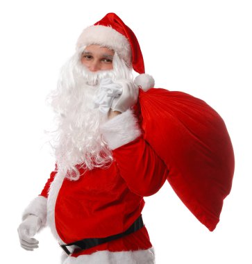 Beyaz arka planda çantası olan Noel Baba. Mutlu Noeller ve mutlu yıllar.