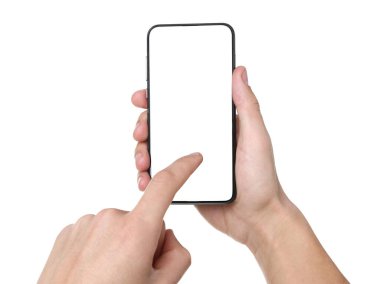 Man holding smartphone with blank screen on white background, closeup. Mockup for design