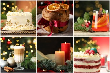 Tatlılar, içecekler ve dekorlarla Noel kolajı. İyi tatiller.