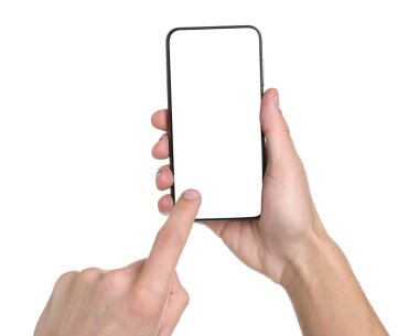 Man holding smartphone with blank screen on white background, closeup. Mockup for design