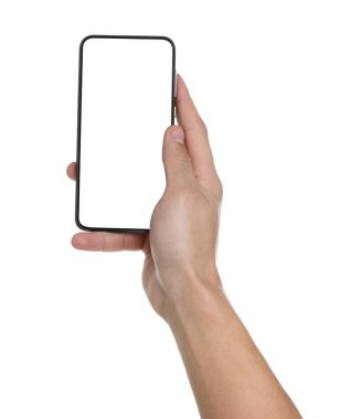 Man holding smartphone with blank screen on white background, closeup. Mockup for design