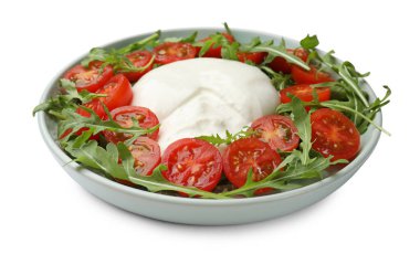 Lezzetli burrata peyniri roka ve beyaz domatesler.