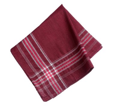 Bir kırmızı kareli kumaş mendil beyaz üzerine izole edilmiş.