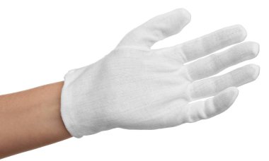 Beyaz arka planda, kumaş eldivenli kadın, yakın plan.