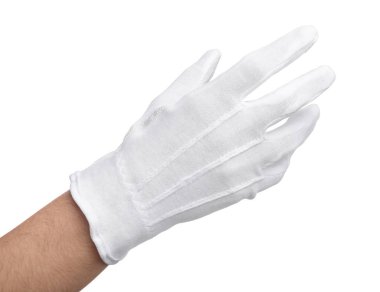 Beyaz arka planda, kumaş eldivenli kadın, yakın plan.