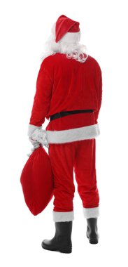 Beyaz arka planda çantası olan Noel Baba. Mutlu Noeller ve mutlu yıllar.