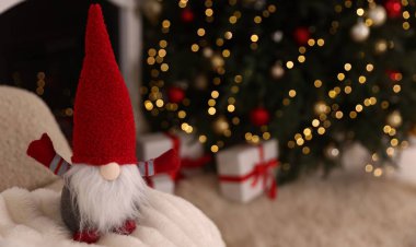 Süslü odada koltukta komik bir noel cücesi, yakın plan. Metin için boşluk