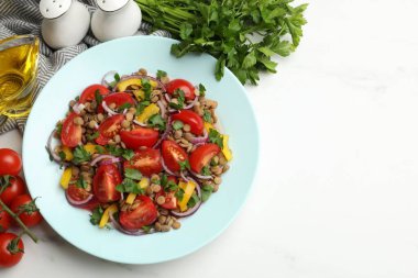 Lezzetli mercimek salatası ve beyaz mermer masa üzerindeki malzemeler, düz yatak. Metin için boşluk