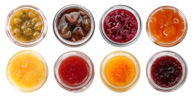 Farklı sıkışık kavanoz koleksiyonu beyaz, üst görünümde izole