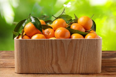 Tahta masada, bulanık yeşil arka planda taze, sulu mandalinalar.