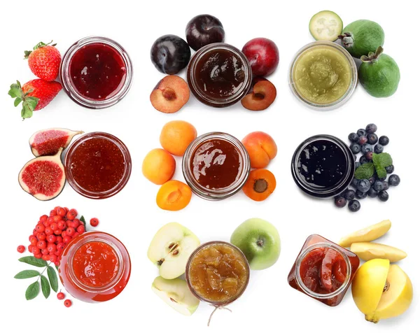 Farklı sıkışık kavanoz koleksiyonu beyaz, üst görünümde izole