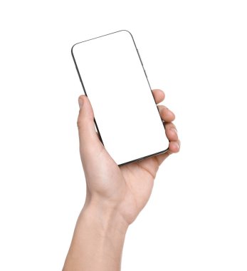 Man holding smartphone with blank screen on white background, closeup. Mockup for design