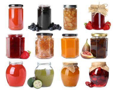 Farklı reçellerle beyaz kavanozların toplanması